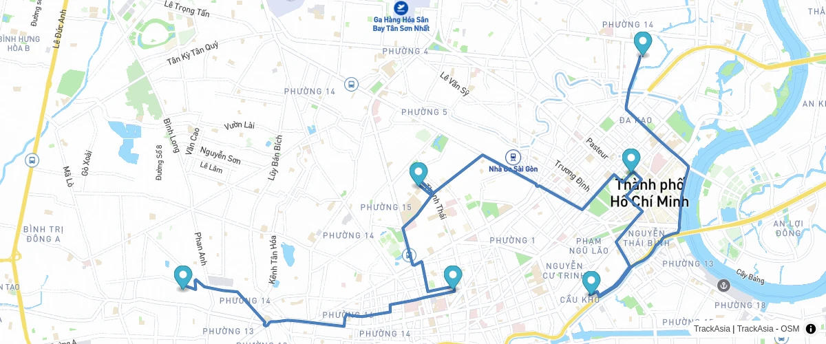 Example routing multiple points using plugin TrackAsia GL Directions, custom points with Marker and Popup.