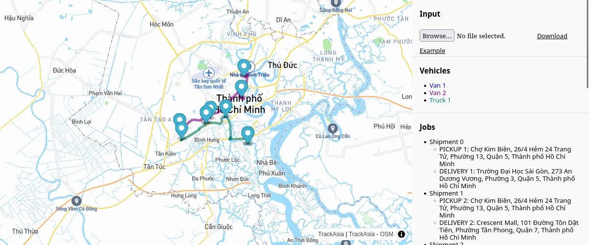 Example solving Vehicle Routing Problem (VRP) using TrackAsia GL API.